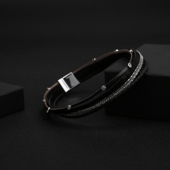 Multilayer Twined Leopard-Print Leather Studded Diamond Bracelet Black
