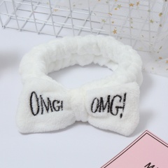 New OMG Letter Wash Face Bow Coral Fleece Hairbands Women Hair Accessories White