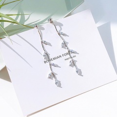 925 Silver Needle Inlaid CZ Dangling Silver Earrings Leaf