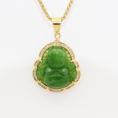 Stainless Steel Diamond Agate Chalcedony Big Belly Maitreya Buddha Pendant (No Chain) Green-Gold