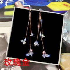 Fashion Gemstone Butterfly Long Tassel Dangle Earrings Rose Gold