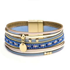 Fashion Golden Circle Dangle Multilayer Leather Bracelets Blue