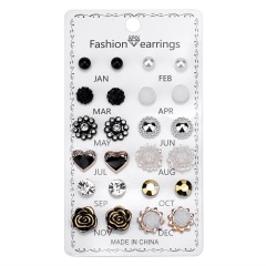 12 Pairs/Set Crystal Rhinestone Flower Heart Stud Earrings Wholesale ER18Y1412-4