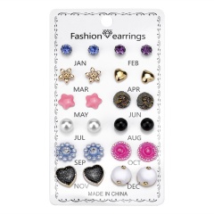 12 Pairs/Set Crystal Rhinestone Flower Heart Stud Earrings Wholesale ER18Y1412-7