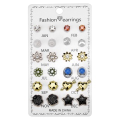 12 Pairs/Set Crystal Rhinestone Flower Heart Stud Earrings Wholesale ER18Y1412-8