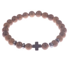 Men Hematite Cross Wood Bracelet Stretchy Beaded Yaga Bangle Brown