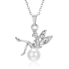 Wholesale Rhinestone Pearl Angel Pendant Silver Necklace #1