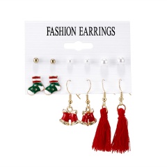 6Pairs/Set Bell Garland Pearl Tassel Christmas Combination Card Earrings Ear Hook Earrings Set #1