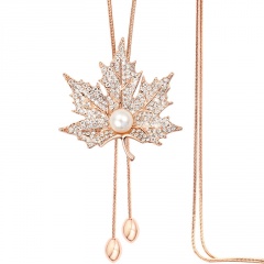 Alloy With Diamond Maple Leaf Sweater Chain Long Neckalce Gold