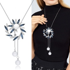 Long Flower Diamonds Pearl Pendant Chain Necklace Wholesale Flower