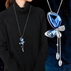 Wholesale Blue Crystal Long Sweater Chain Rhinestone Butterfly Necklace Blue crystal