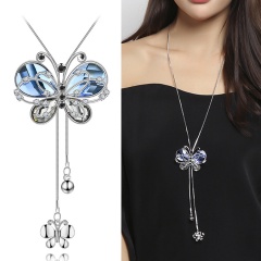 Wholesale Crystal Long Sweater Chain Rhinestone Butterfly Necklace Silver crystal