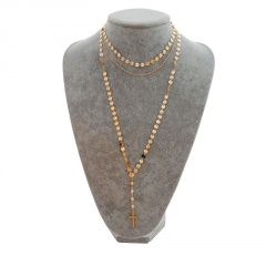 Multilayer Crystal Beads Cross Pendant Long Necklace Gold