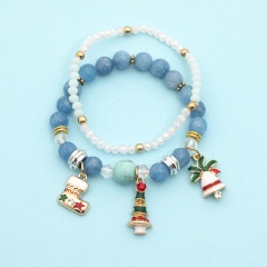2 Pieces/Set Gemstone Beads Elastic Christmas Dangle Bracelet Set Blue