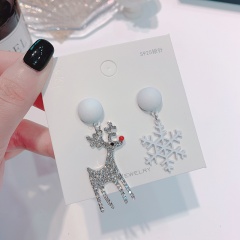 Full Diamond Christmas Elk Snowflake Stud Earrings Jewelry Fawn Snow