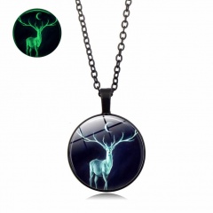 Vintage Round Christmas Elk Time Gemstone Luminous Necklace Black