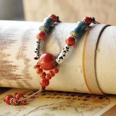 Ethnic Handmade Beaded Tassel Ceramic Sweater Chain Necklace Red