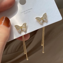 Gold Pearl Long Chain Stud Earring Jewelry Butterfly