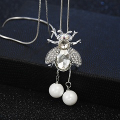 Silver White Crystal Rhinestone Sweater Long Chain Necklace Bee
