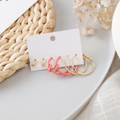 3 Pairs/Set Korean Fashion Gold Circle Earring Set Pink