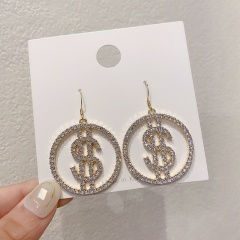 Circle Dollar Diamond Dangle Hook Earrings Jewelry Wholesale Gold