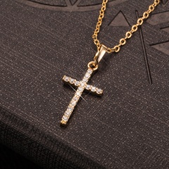 Simple Cross Pendant Short Chain Necklace Gold-Rhinestone