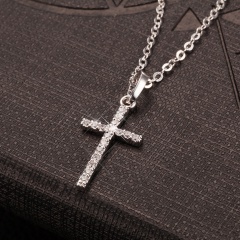 Simple Cross Pendant Short Chain Necklace Silver-Rhinestone