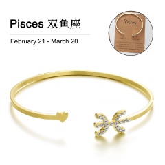 Gold 12 Constellation Diamond Open Bracelet Bangle with Card Pisces