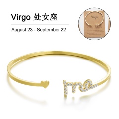 Gold 12 Constellation Diamond Open Bracelet Bangle with Card Virgo