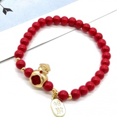 Red Agate Beads Elastic Luckly Gold Bracelets Red