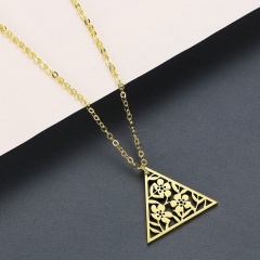 Triangle Hollow Flower Stainless Steel Pendant Clavicle Chain Necklace gold