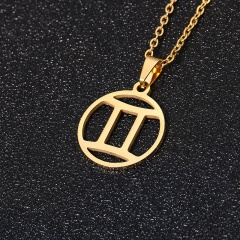 Gold 12 Constellation Circle Pendant Chain Necklace Jewelry Gemini