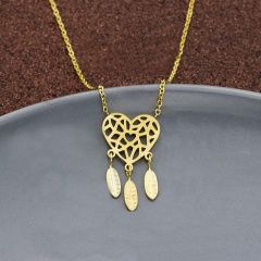 Heart Hollow Dream Catcher Feather Stainless Steel Necklace gold