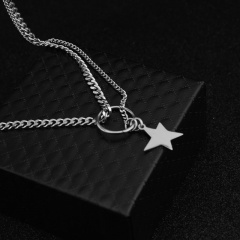 Asymmetrical stainless steel chain necklace with five-pointed star star