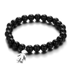 Black Gemstone Beads Silver Stainless Steel Dangle Bracelets boy