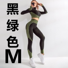 Two-piece long-sleeved tight-fitting zipper running breathable yoga wear sports suit Green M