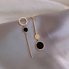 Black circle long asymmetrical stud earrings gold