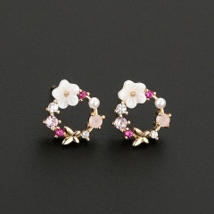 Copper Inlaid CZ Shell Flower Pearl Earring Gold