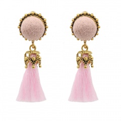 Bohemian fan-shaped tassel long ear hook earrings pink