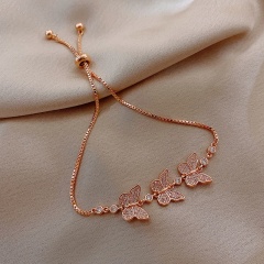Copper Inlaid White CZ Butterfly Adjustable Bracelet 14K Rose Gold