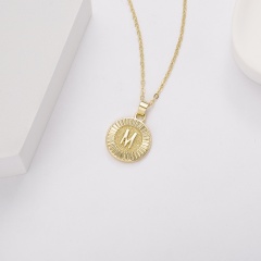 26 Letter Round Gold Pendant Clavicle Chain Necklace （Pendant size: 1.7*2.3cm/chain length: 40+5cm）opp M