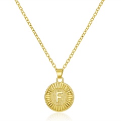 26 Letter Round Gold Pendant Clavicle Chain Necklace （Pendant size: 1.7*2.3cm/chain length: 40+5cm）opp F
