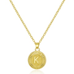 26 Letter Round Gold Pendant Clavicle Chain Necklace （Pendant size: 1.7*2.3cm/chain length: 40+5cm）opp K