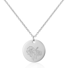 Geometric round pendant month flower necklace (Pendant size: 7*2cm, chain length: 44cm) opp March poppy