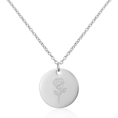 Geometric round pendant month flower necklace (Pendant size: 7*2cm, chain length: 44cm) opp July rose