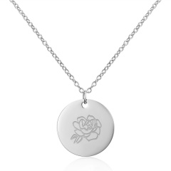 Geometric round pendant month flower necklace (Pendant size: 7*2cm, chain length: 44cm) opp September Peony