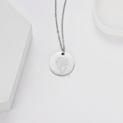 Geometric round pendant month flower necklace (Pendant size: 7*2cm, chain length: 44cm) opp January carnation