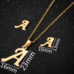 A-Z Letter Gold Stainless Steel Necklace Earring Set (Chain length: 45cm) A