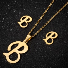 A-Z Letter Gold Stainless Steel Necklace Earring Set (Chain length: 45cm) B