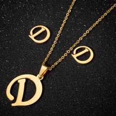 A-Z Letter Gold Stainless Steel Necklace Earring Set (Chain length: 45cm) D